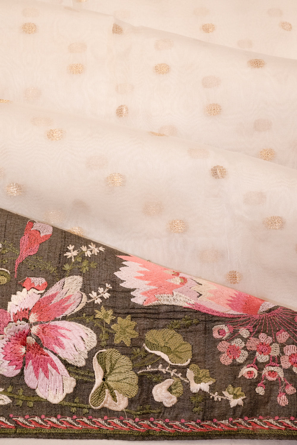 Organza Butta Off White Saree With Tussar Embroidery Border