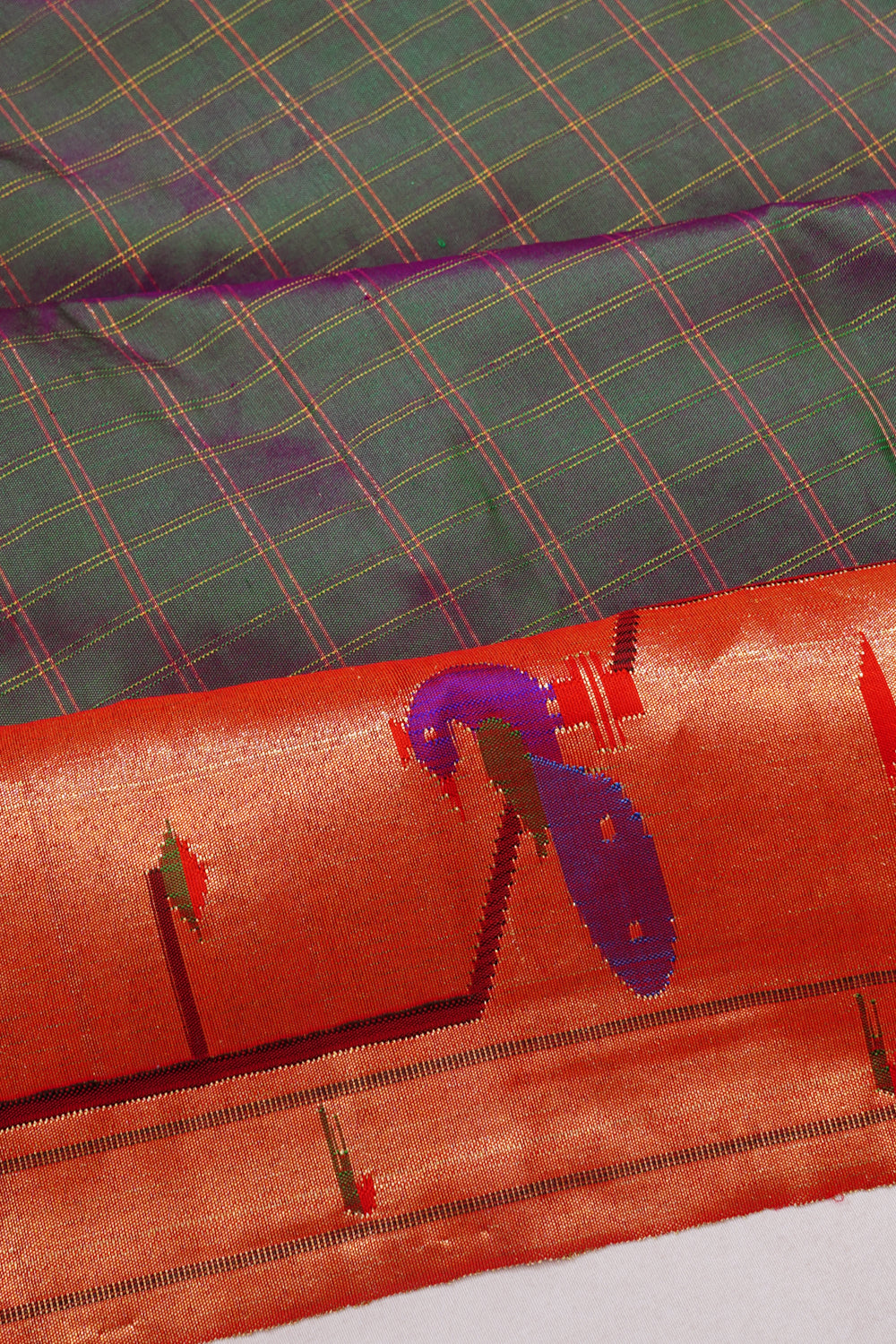 Paithani Silk Checks Bottle Green Saree With Akruti Border