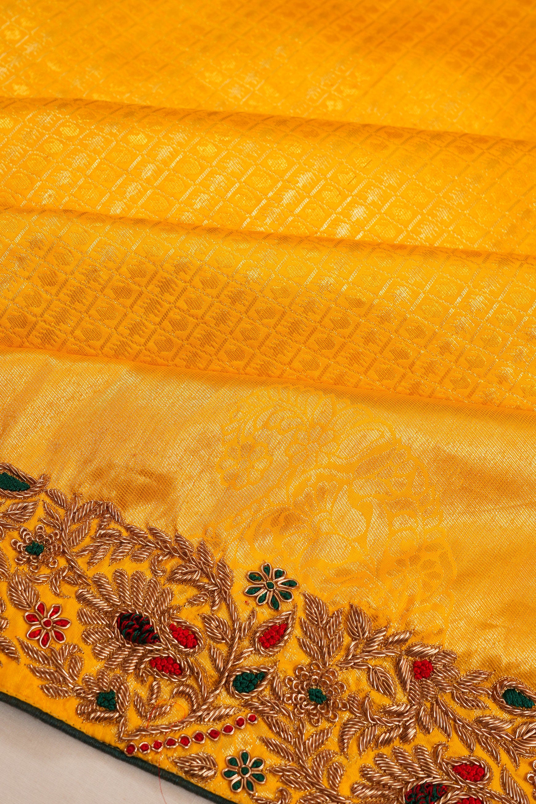 Kanchipuram Silk Brocade Yellow Saree With Zardosi Work Border