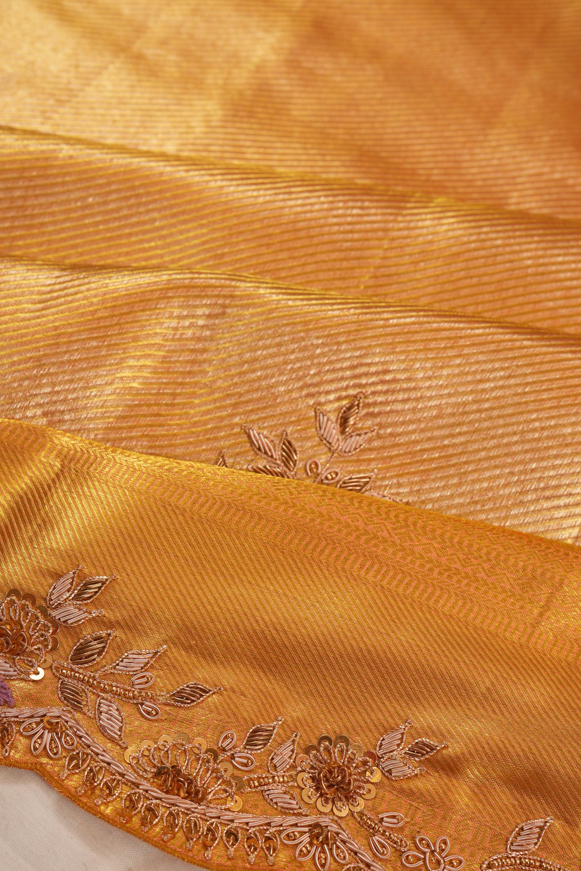 Kanchipuram Silk Tissue Brocade Gold Saree With Zardosi Scallop Border