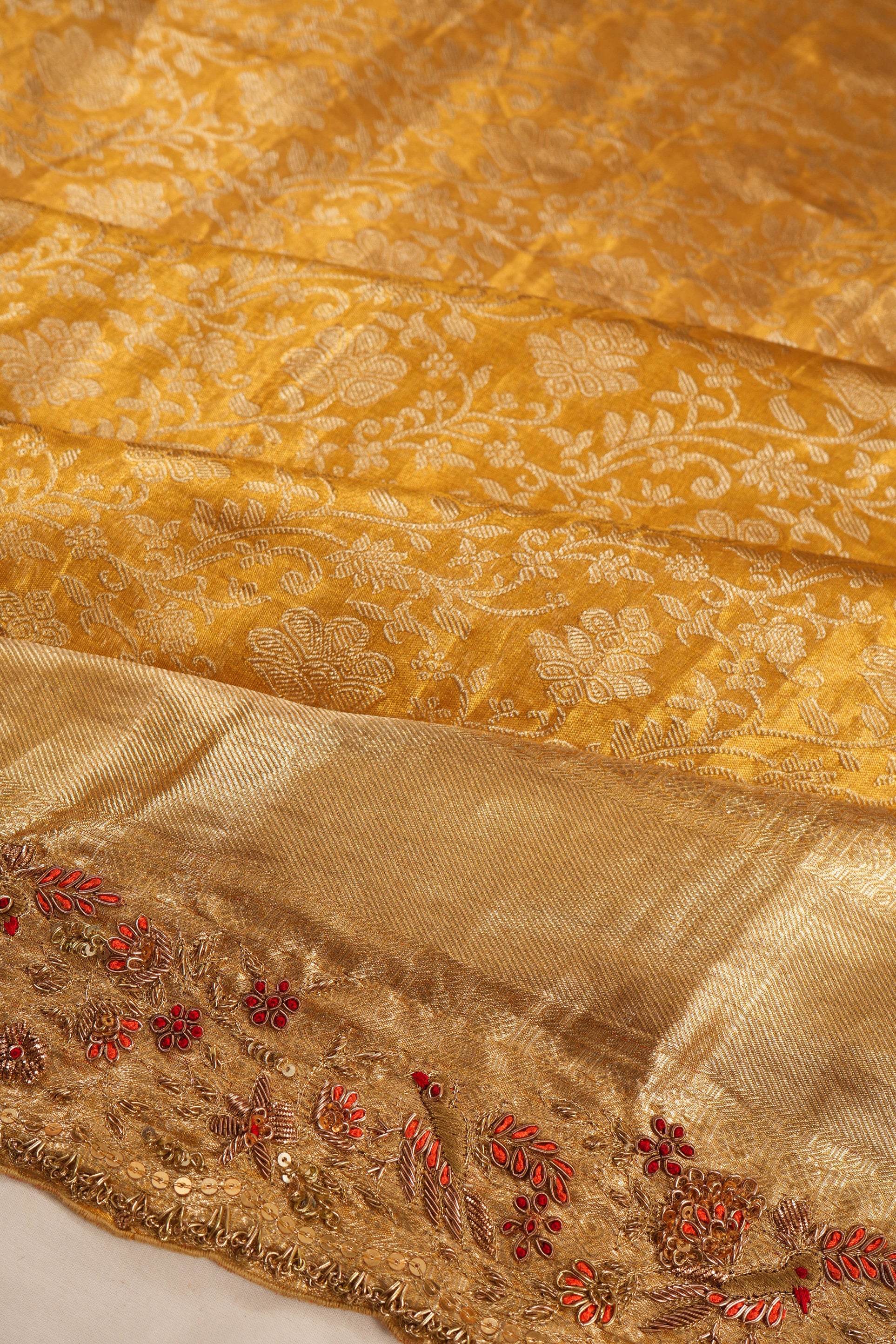 Kanchipuram Silk Tissue Brocade Gold Saree With Zardosi Border