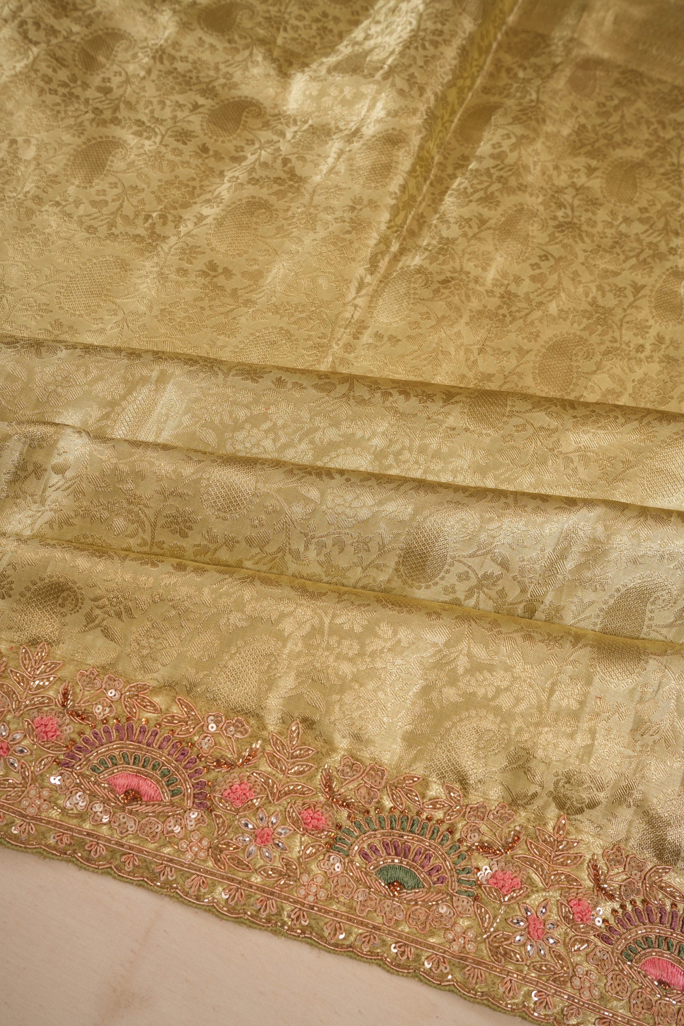 Kanchipuram Silk Tissue Brocade Gold Saree With Zardosi Border