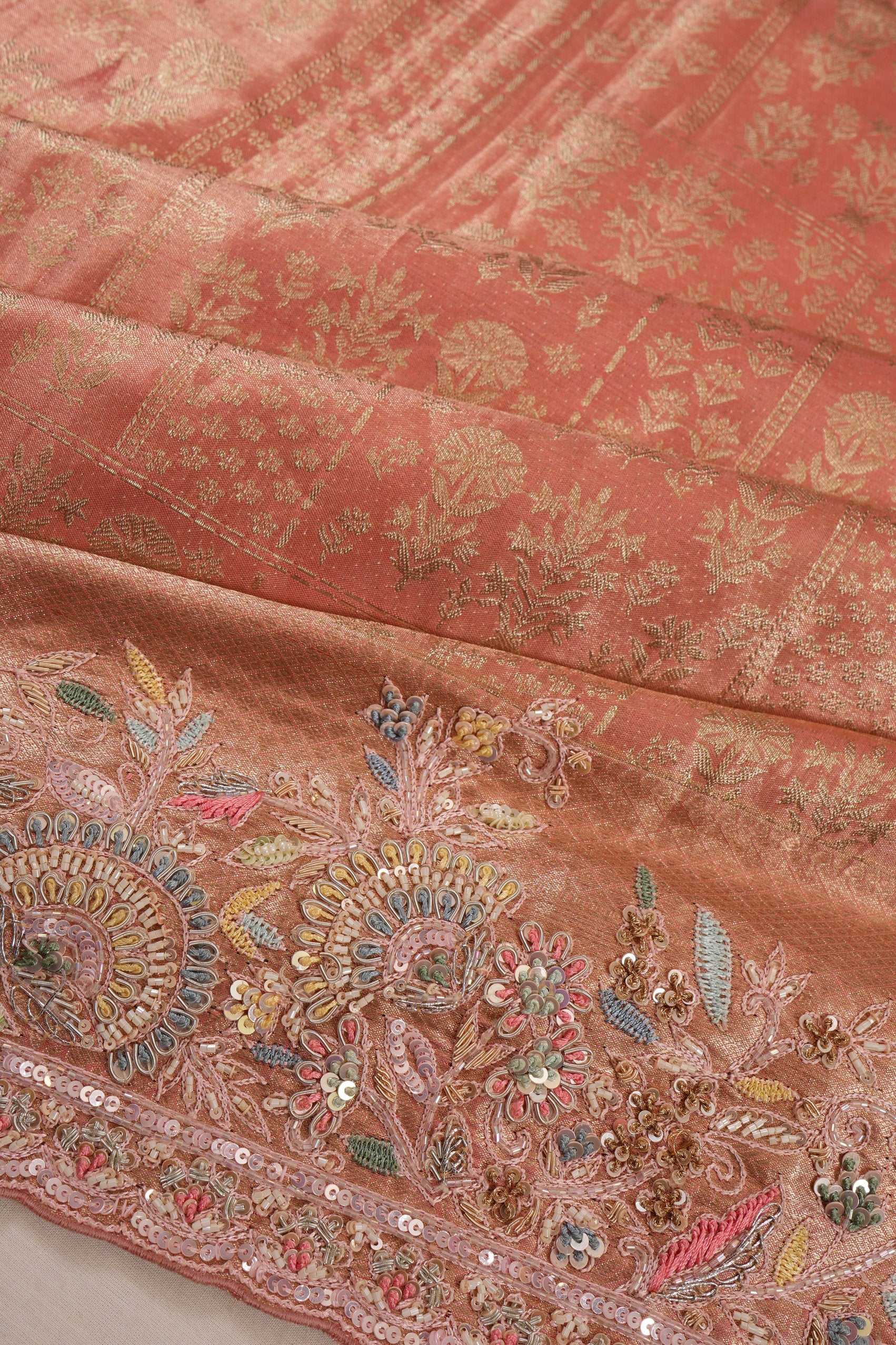 Kanchipuram Silk Tissue Brocade Peach Saree With Zardosi Border