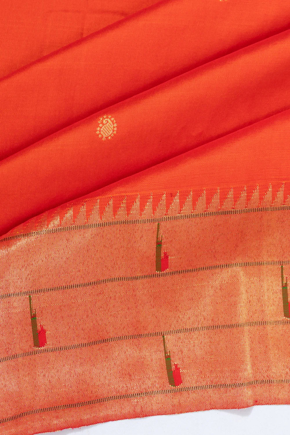 Paithani Silk Butta Orange Saree With Triple Muniya Border