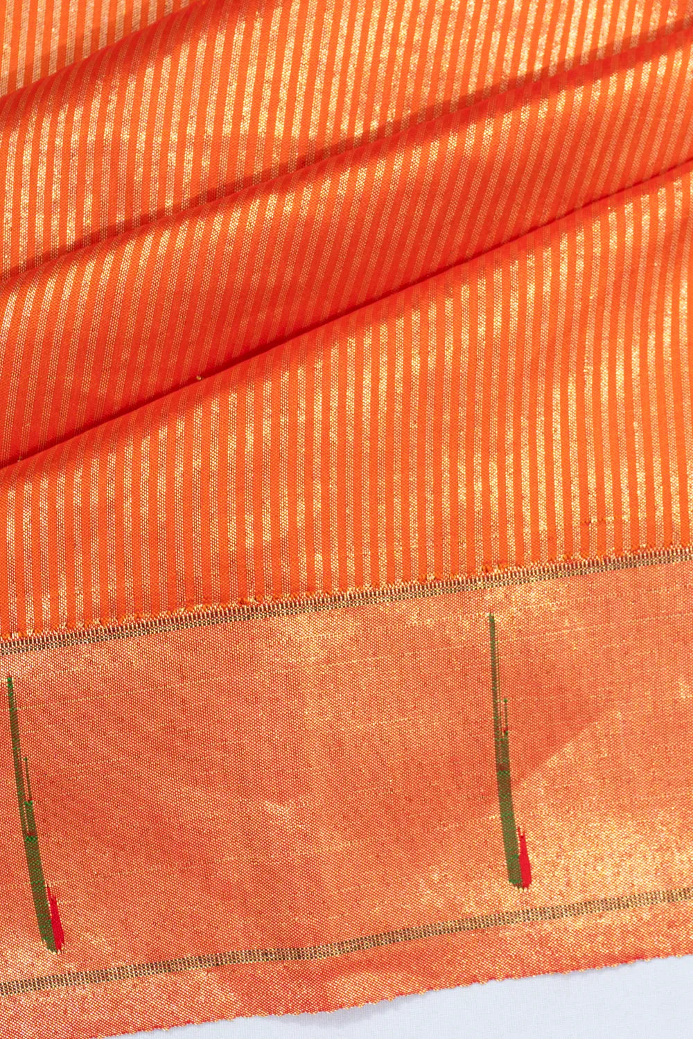 Paithani Silk Vertical Lines Orange Saree With Single Muniya Border
