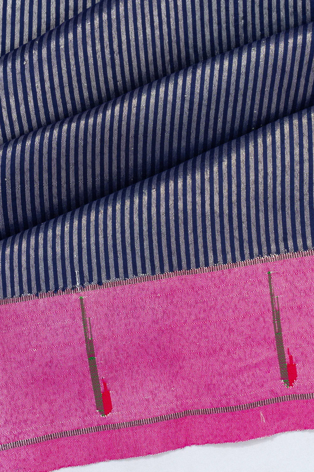 Paithani Silk Vertical Lines Dark Blue Saree With Single Muniya Border