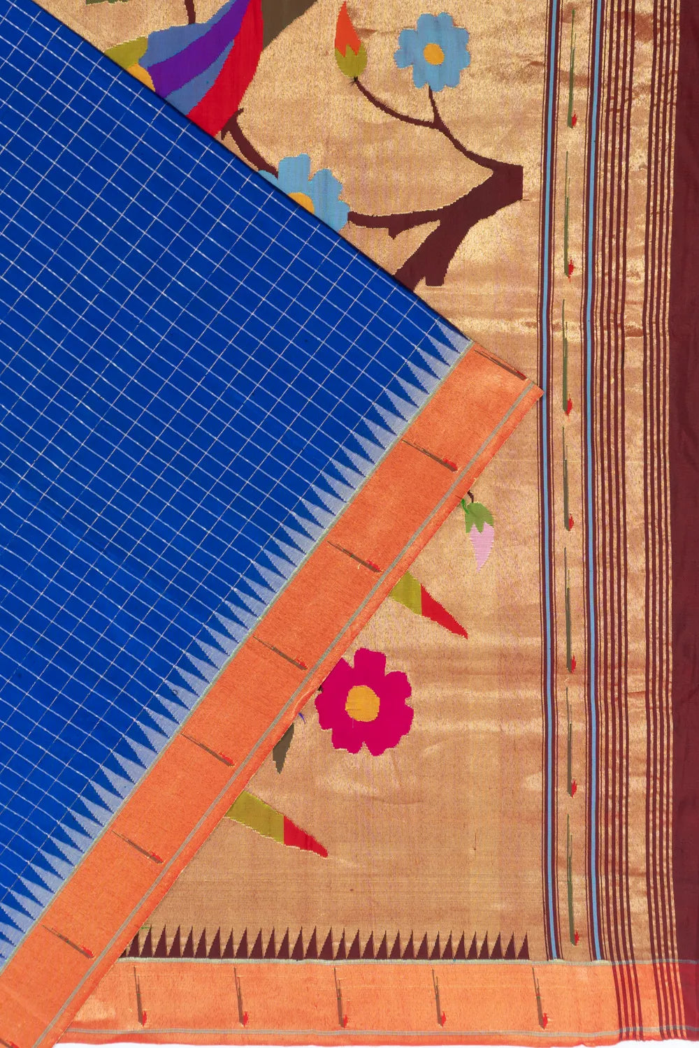 Paithani Silk Checks Royal Blue Saree With Single Muniya Border