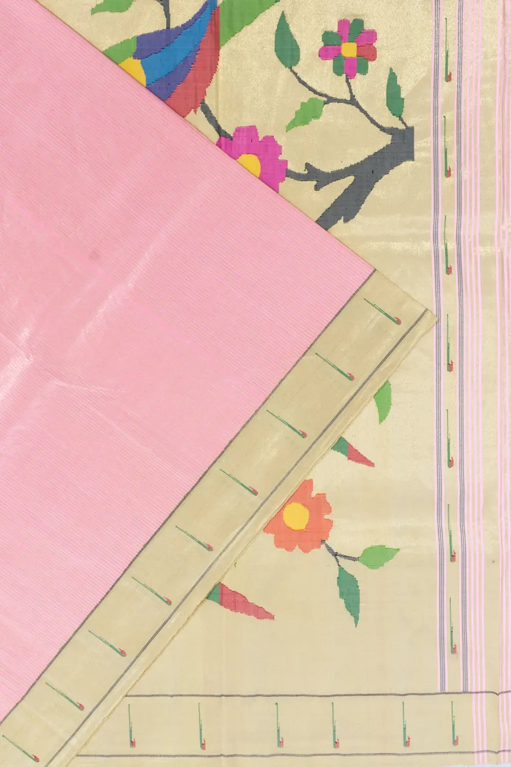 Paithani Silk Vertical Lines Baby Pink Saree With Single Muniya Border