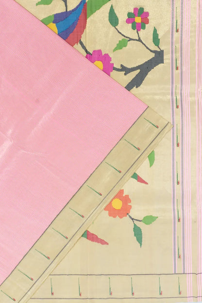Paithani Silk Vertical Lines Baby Pink Saree With Single Muniya Border