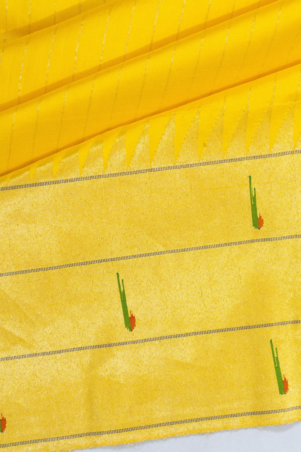 Paithani Silk Vertical Lines Yellow Saree With Triple Muniya Border