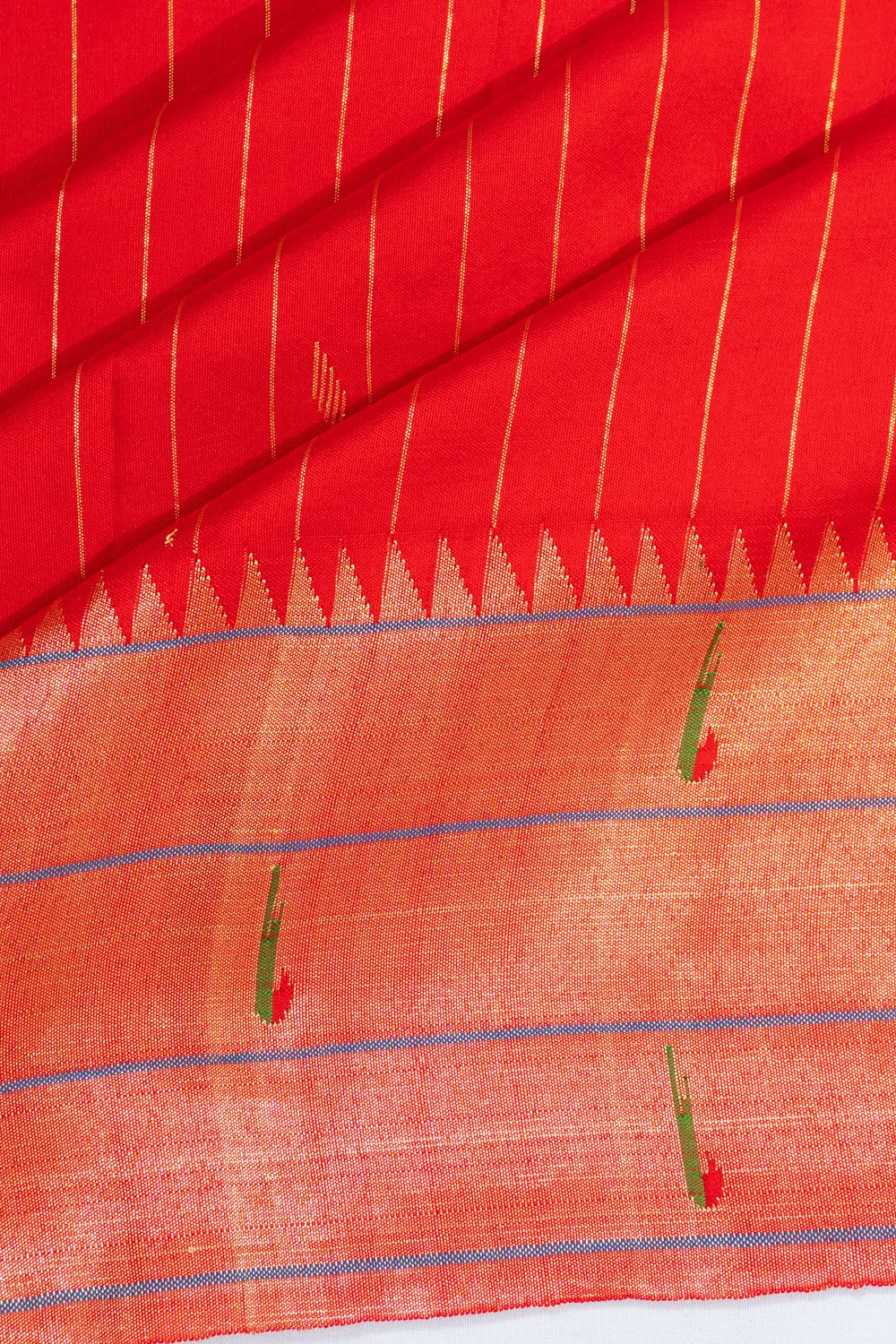 Paithani Silk Vertical Lines And Butta Red Saree With Triple Muniya Border