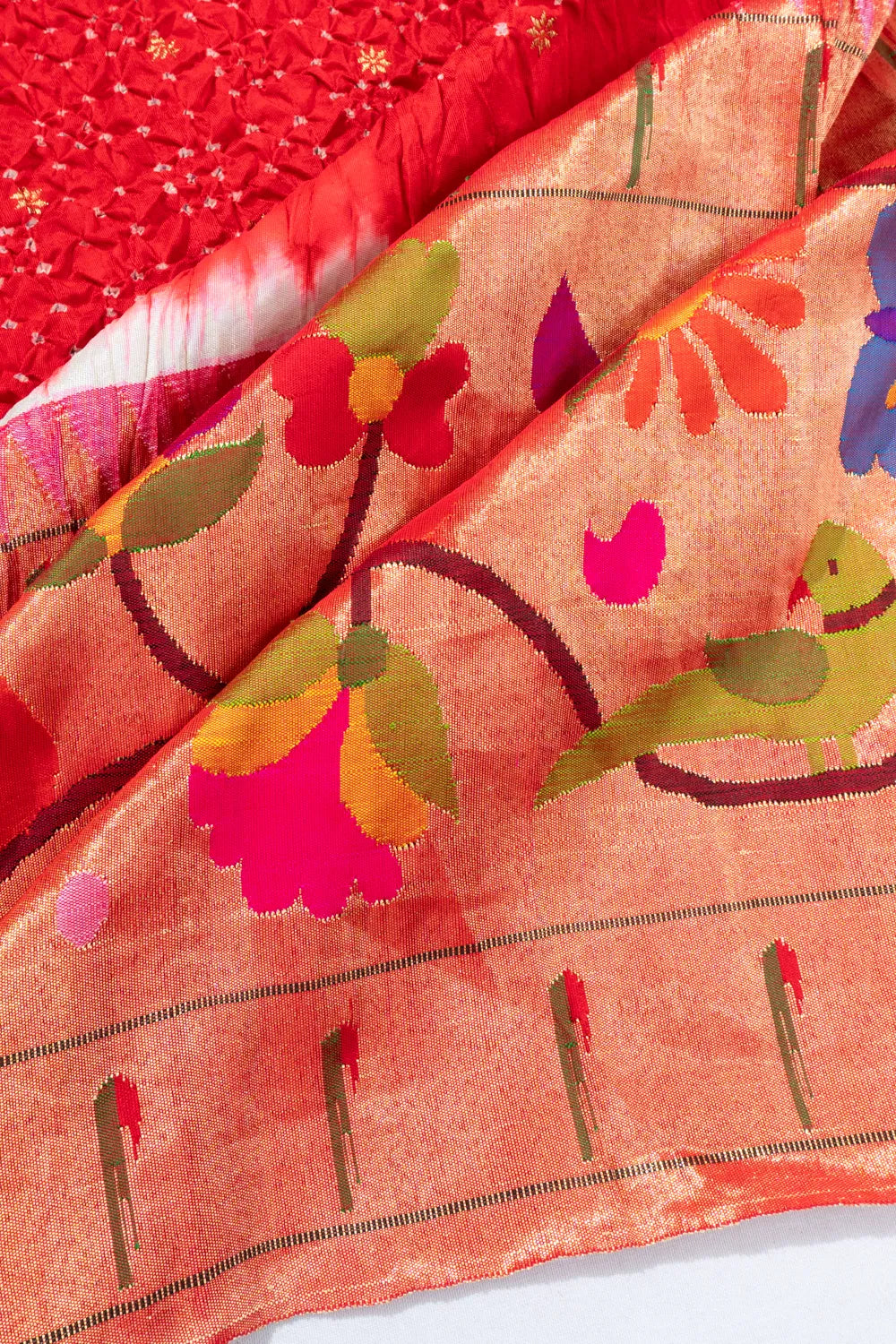 Paithani X Bandhani Silk Butta Red Saree With Big Border