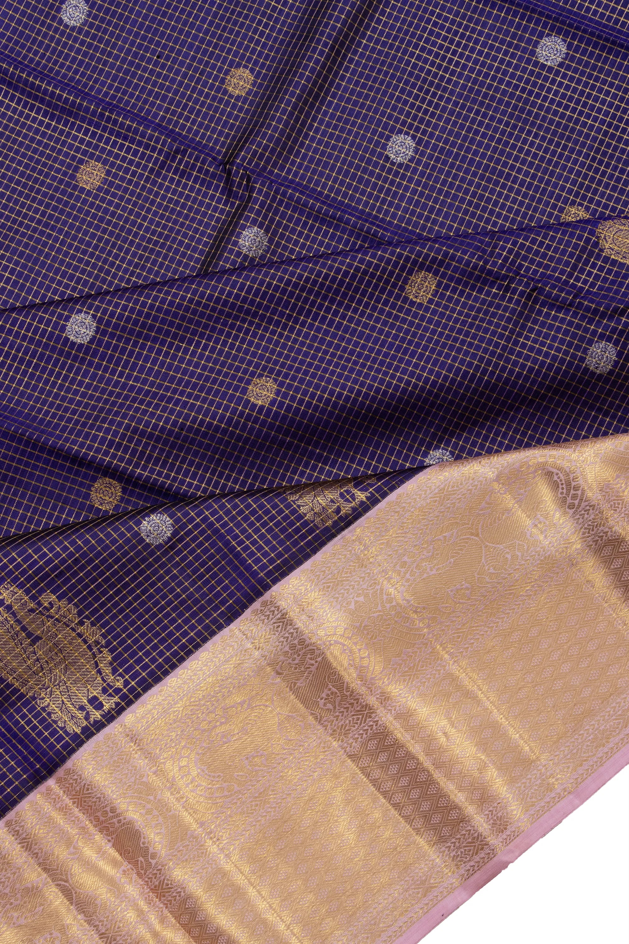 Kanchipuram Silk Checks And Butta Dark Blue Saree