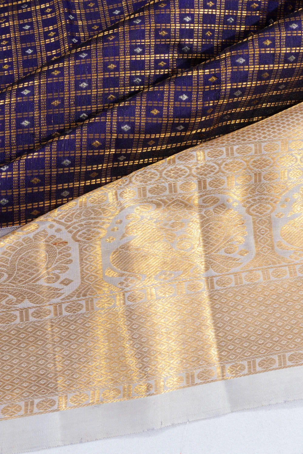 Kanchipuram Silk Checks And Butta Dark Blue Saree