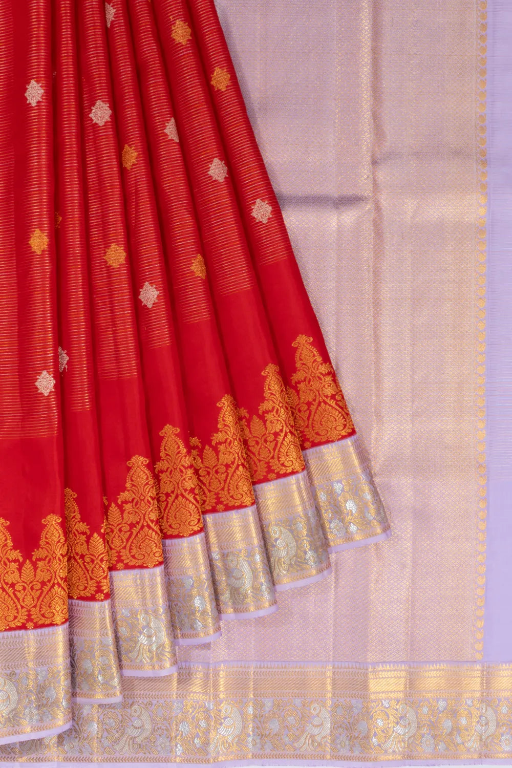 Kanchipuram Silk Horizontal Lines And Butta Red Saree
