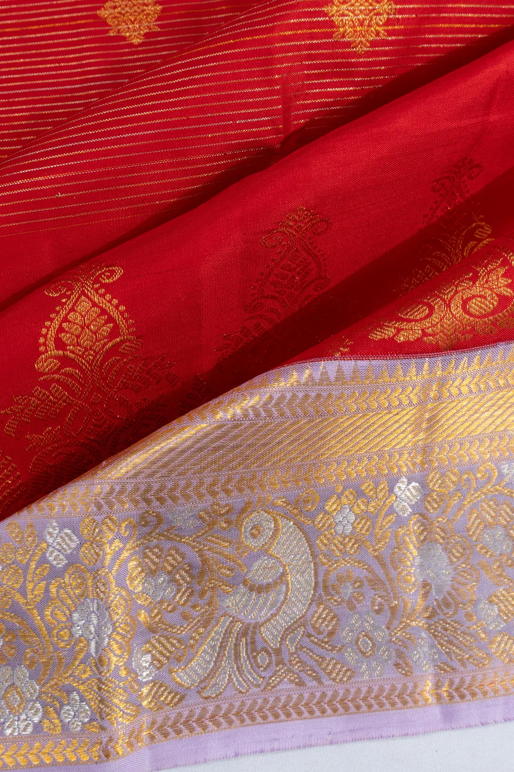 Kanchipuram Silk Horizontal Lines And Butta Red Saree