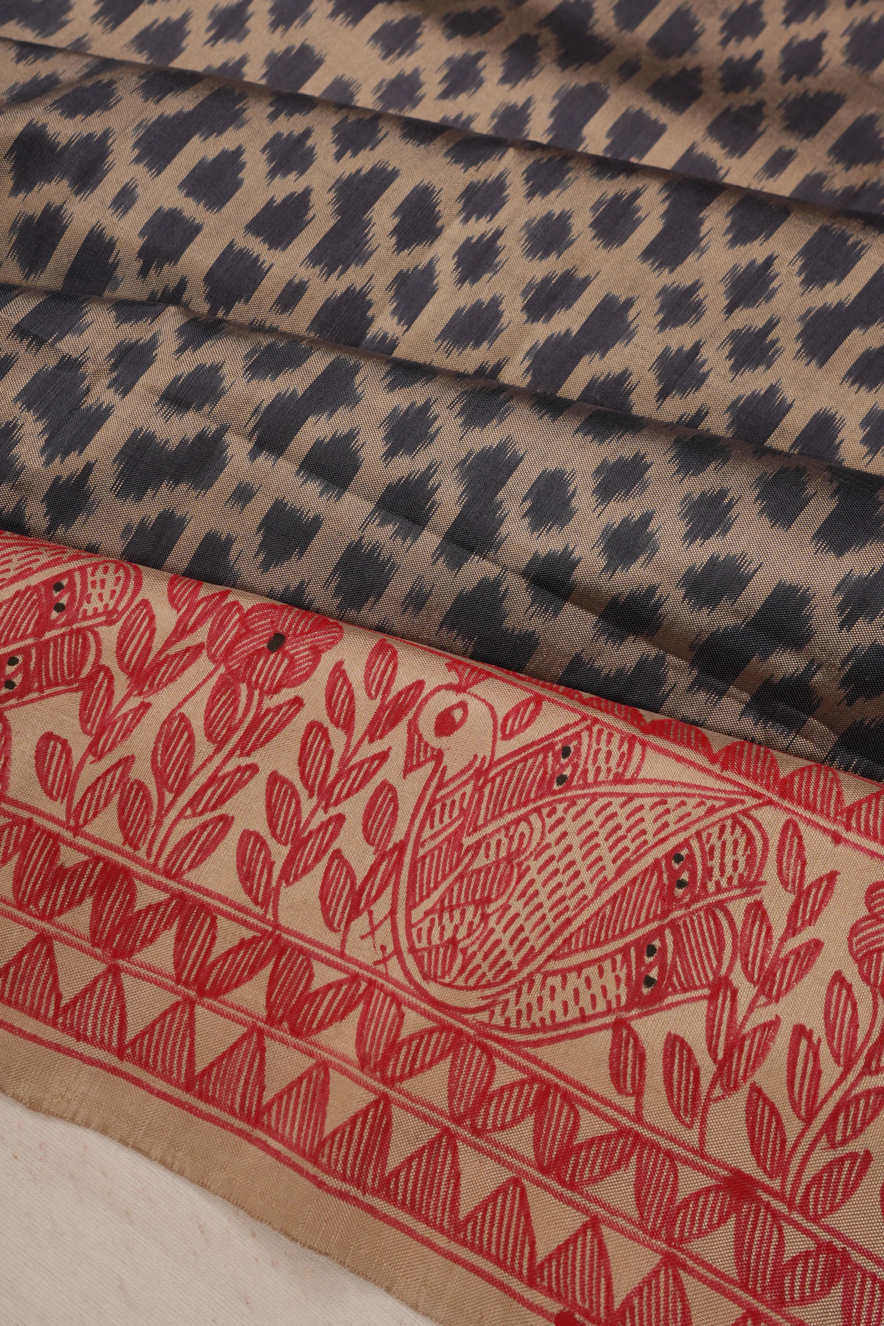 Pochampally Silk Ikat Black Saree With Madhubani Hand Painted Border