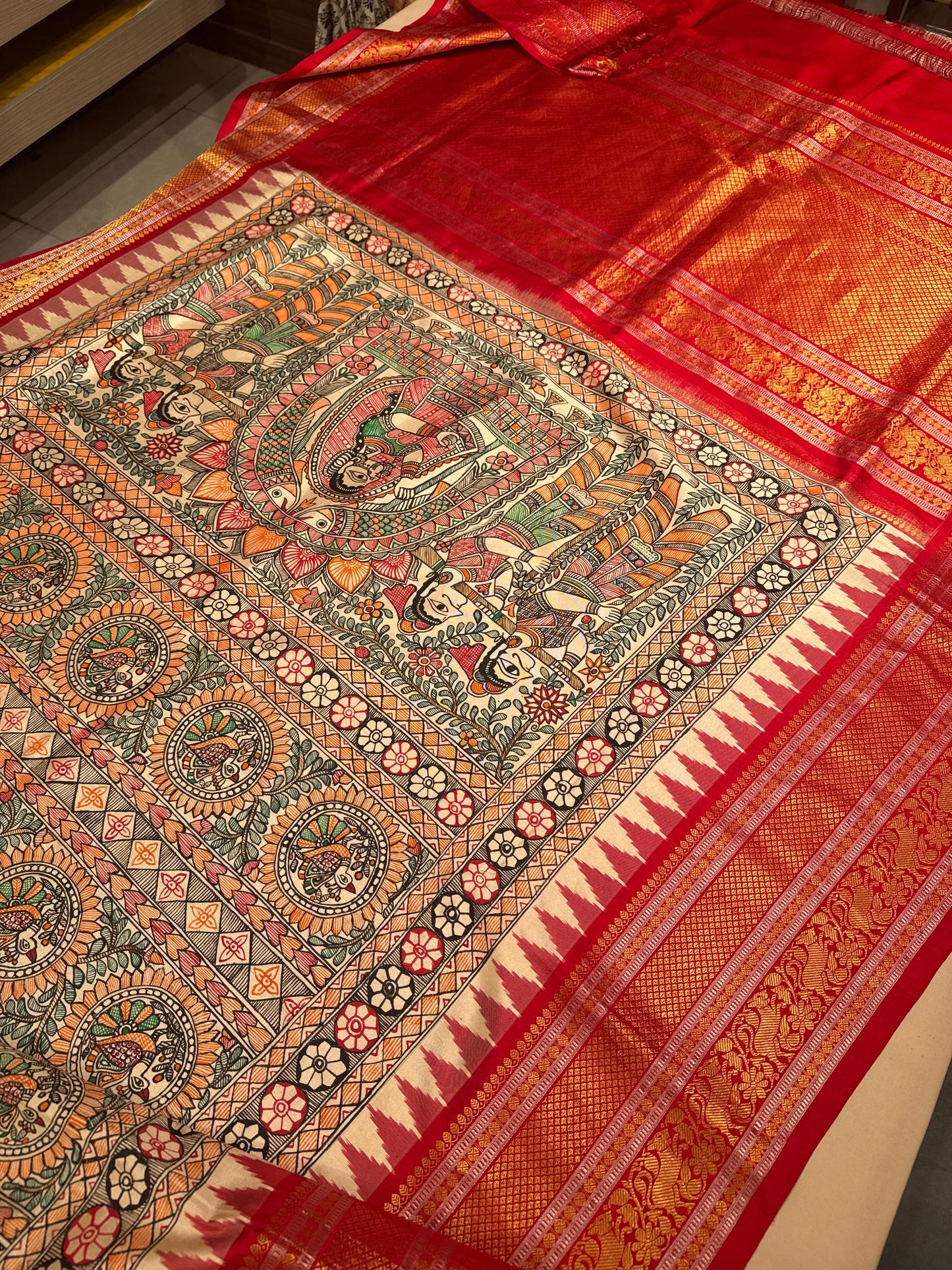 Kanchipuram Silk Butta Madhubhani Hand Painted Cream Saree
