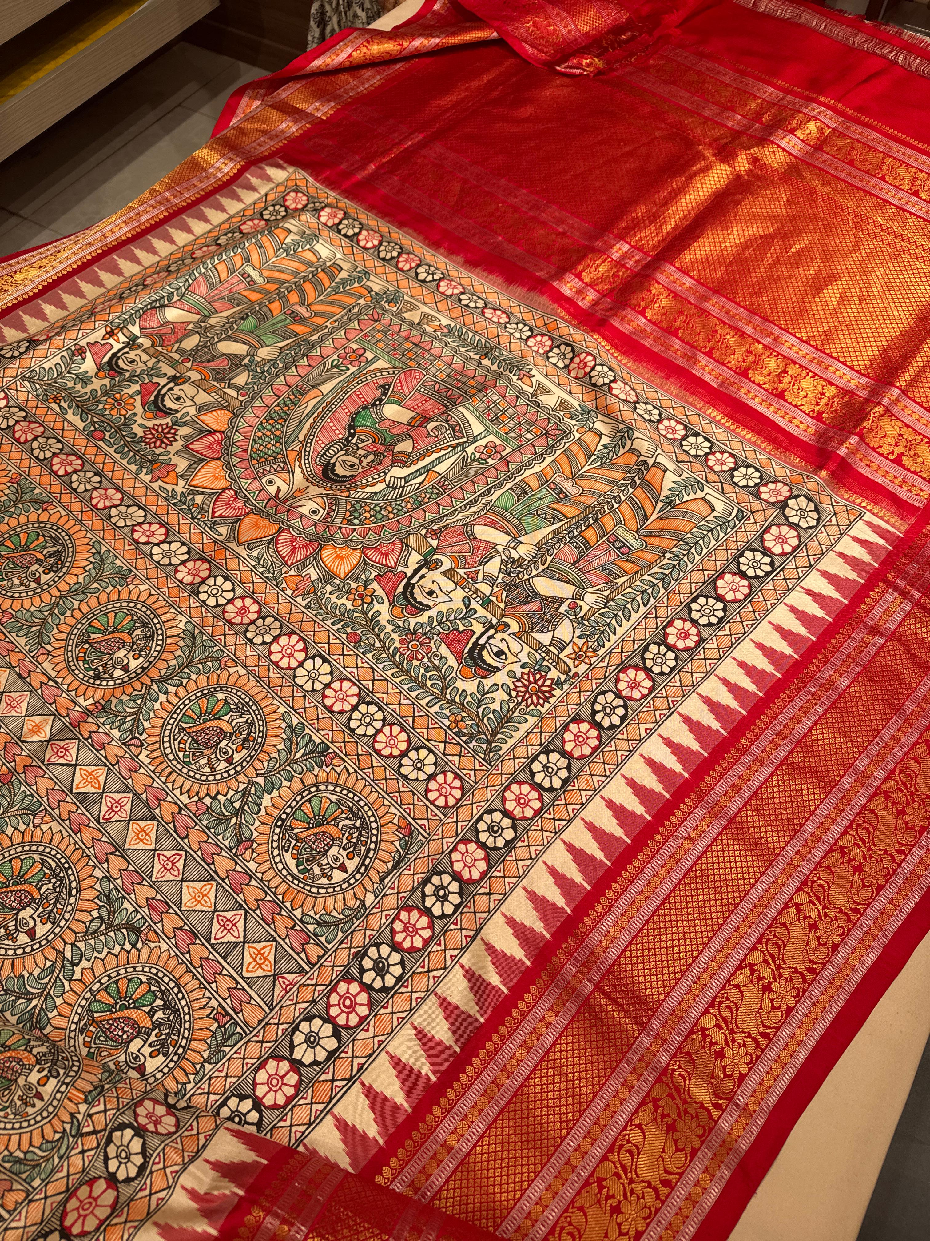 Kanchipuram Silk Butta Madhubhani Hand Painted Cream Saree