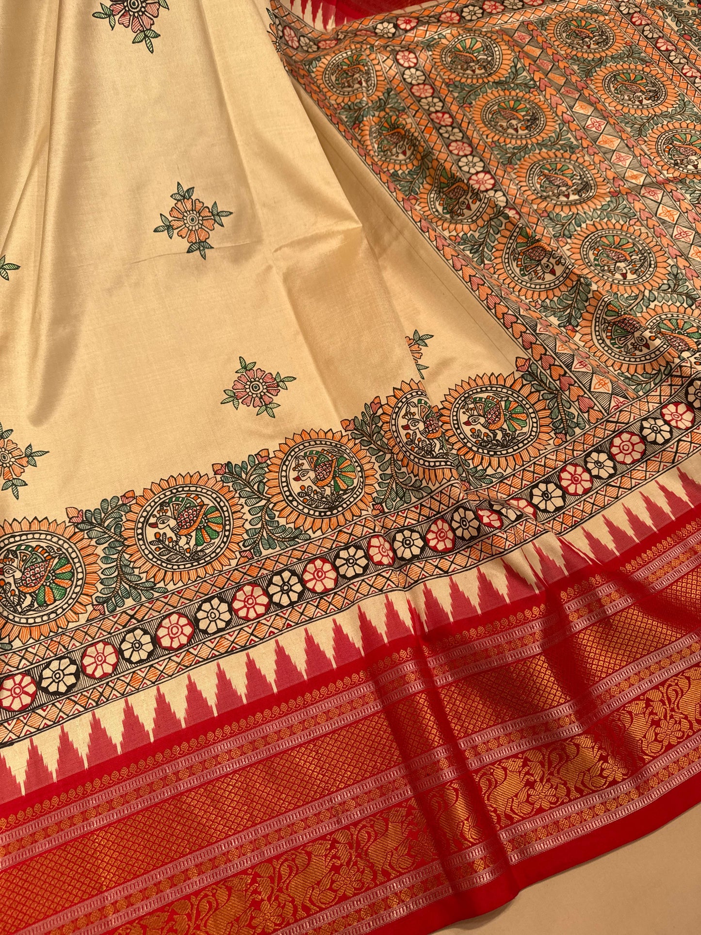 Kanchipuram Silk Butta Madhubhani Hand Painted Cream Saree