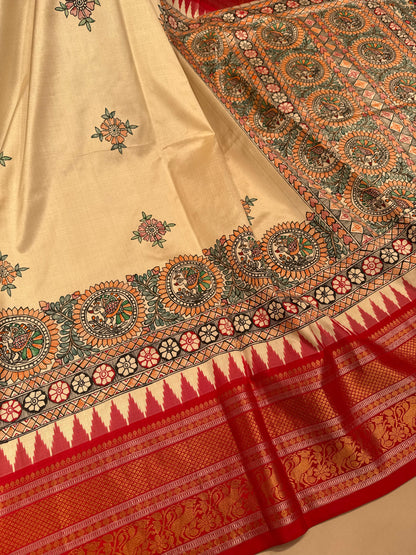 Kanchipuram Silk Butta Madhubhani Hand Painted Cream Saree