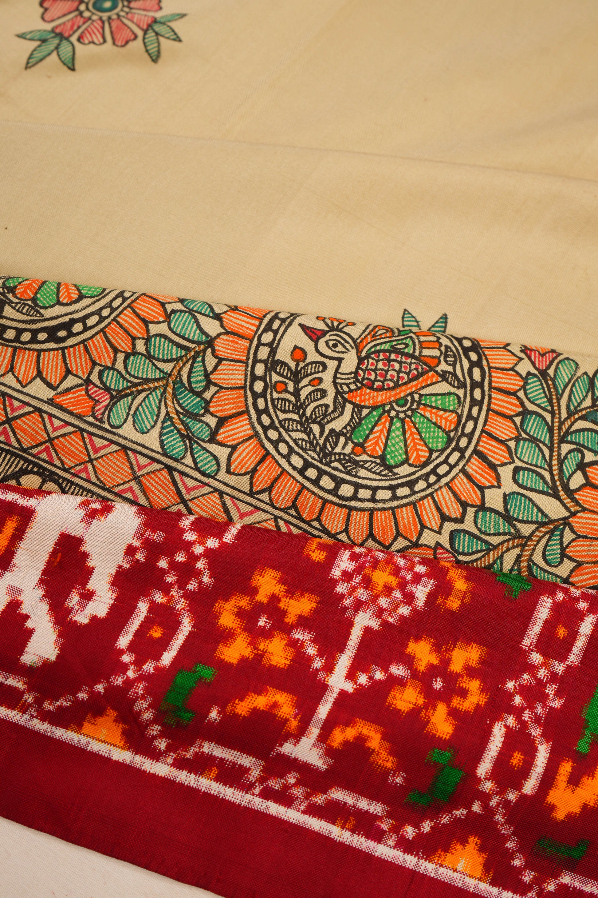 Gadwal Silk Butta Cream Saree With Handpainted Madhubani