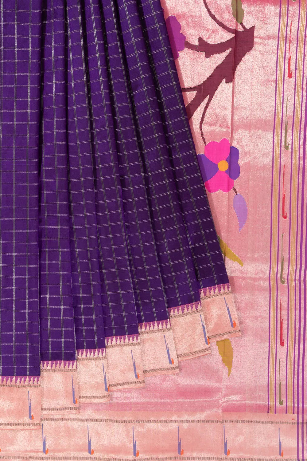 Paithani Silk Checks Violet Saree With Single Muniya border