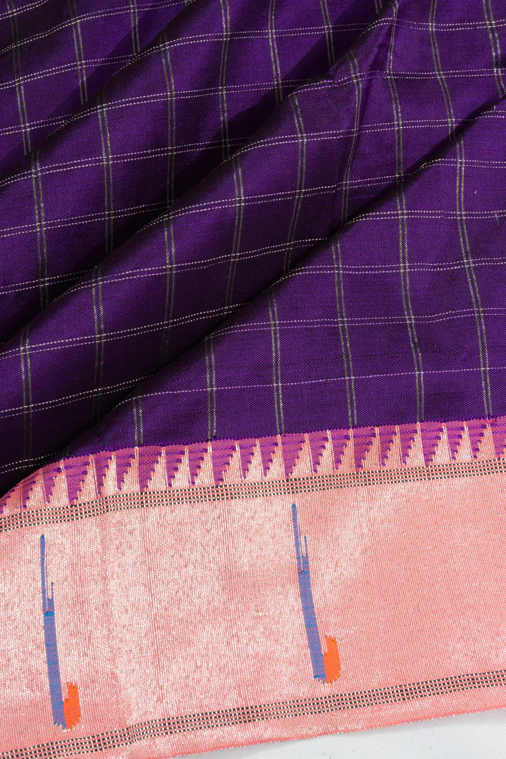 Paithani Silk Checks Violet Saree With Single Muniya border