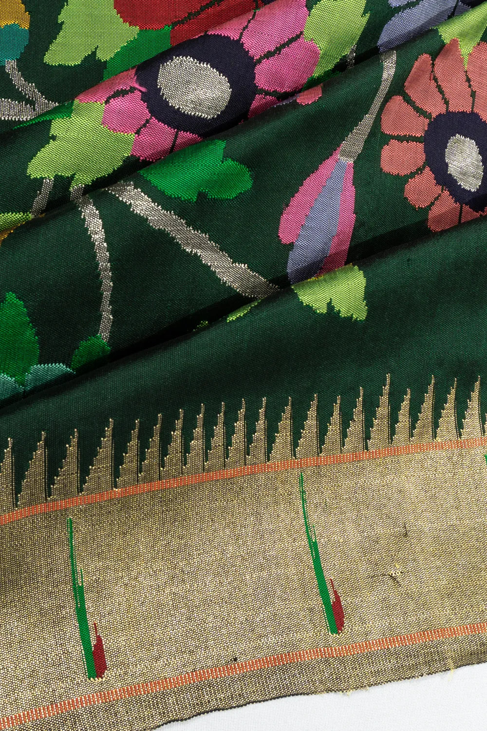 Paithani Silk All Over Jaal Dark Green Saree With Single Muniya Border