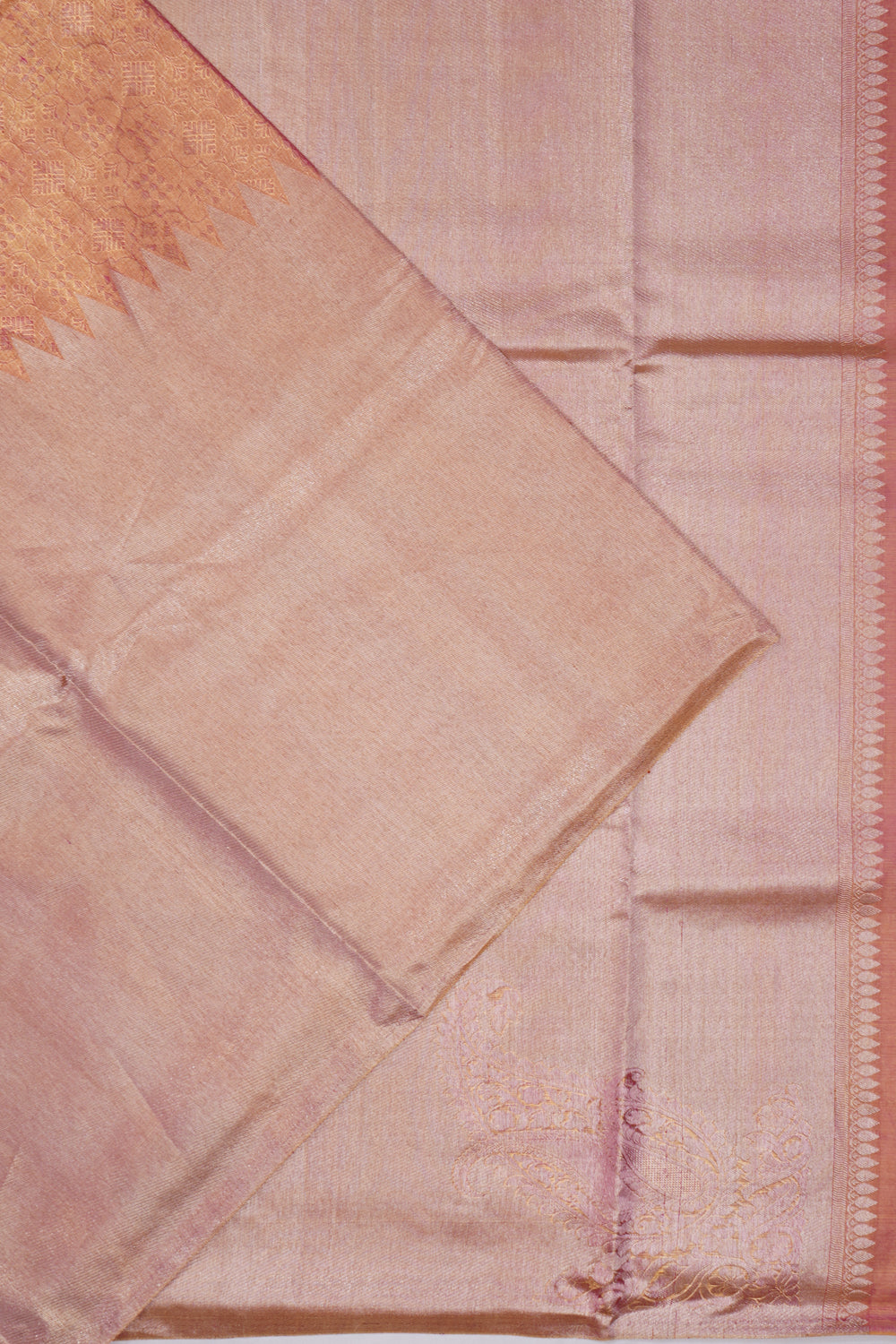 Kanchipuram Silk Tissue Brocade Raising Temple Border Pink Saree