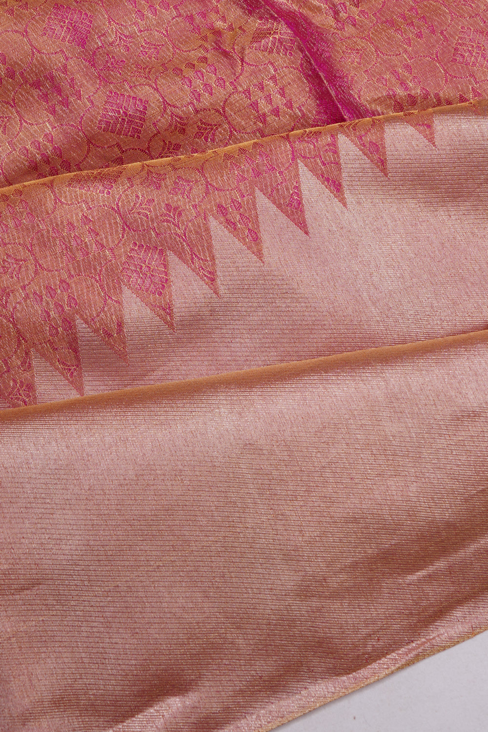 Kanchipuram Silk Tissue Brocade Raising Temple Border Pink Saree