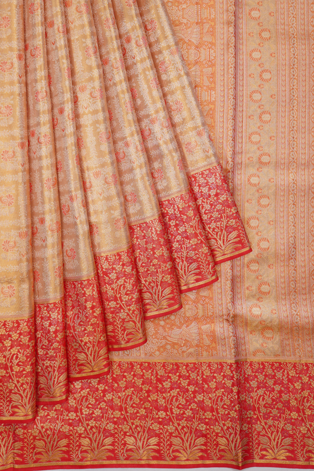 Kanchipuram Silk Tissue Brocade Peach Saree