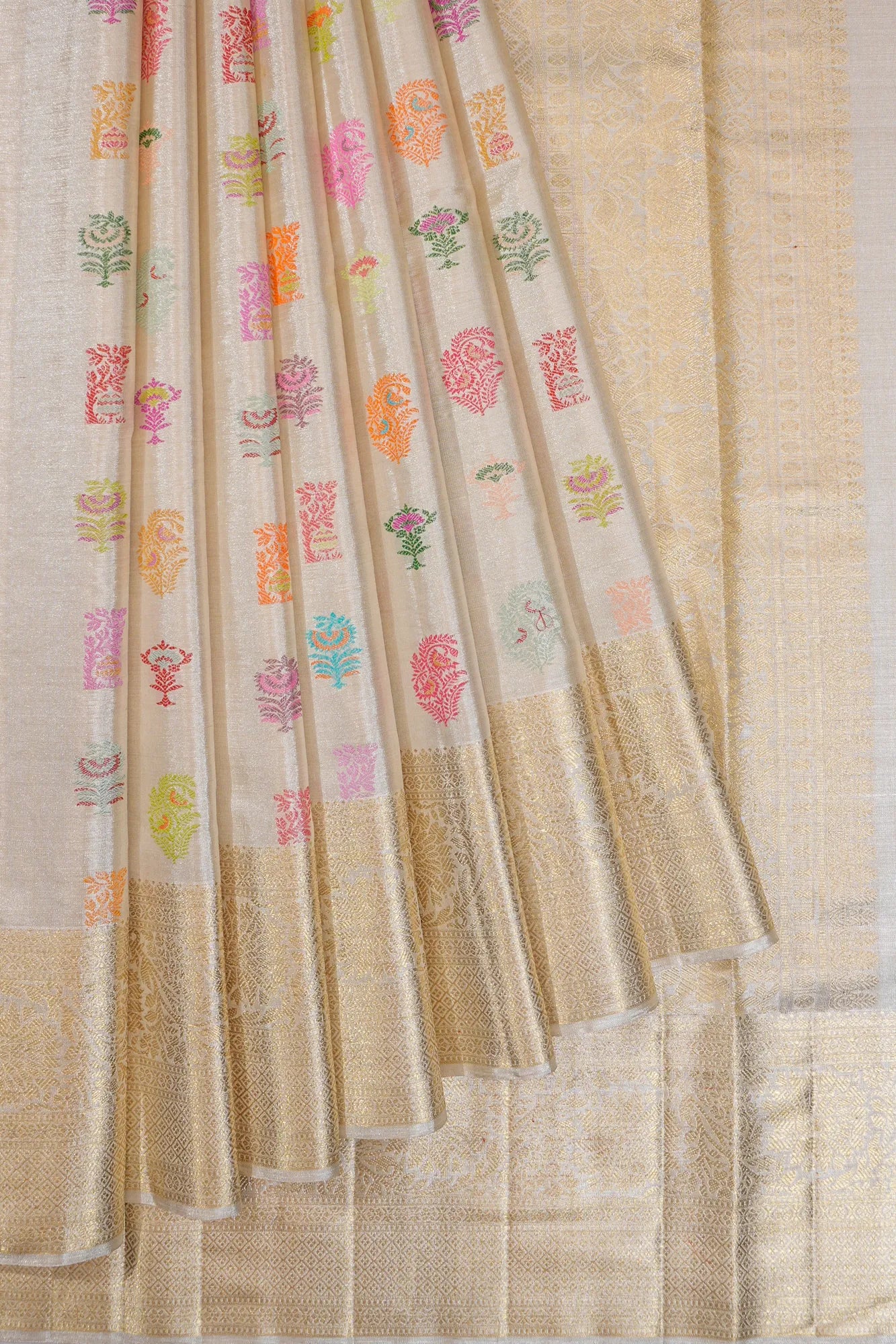 Kanchipuram Silk Meenakari Butta Cream Saree