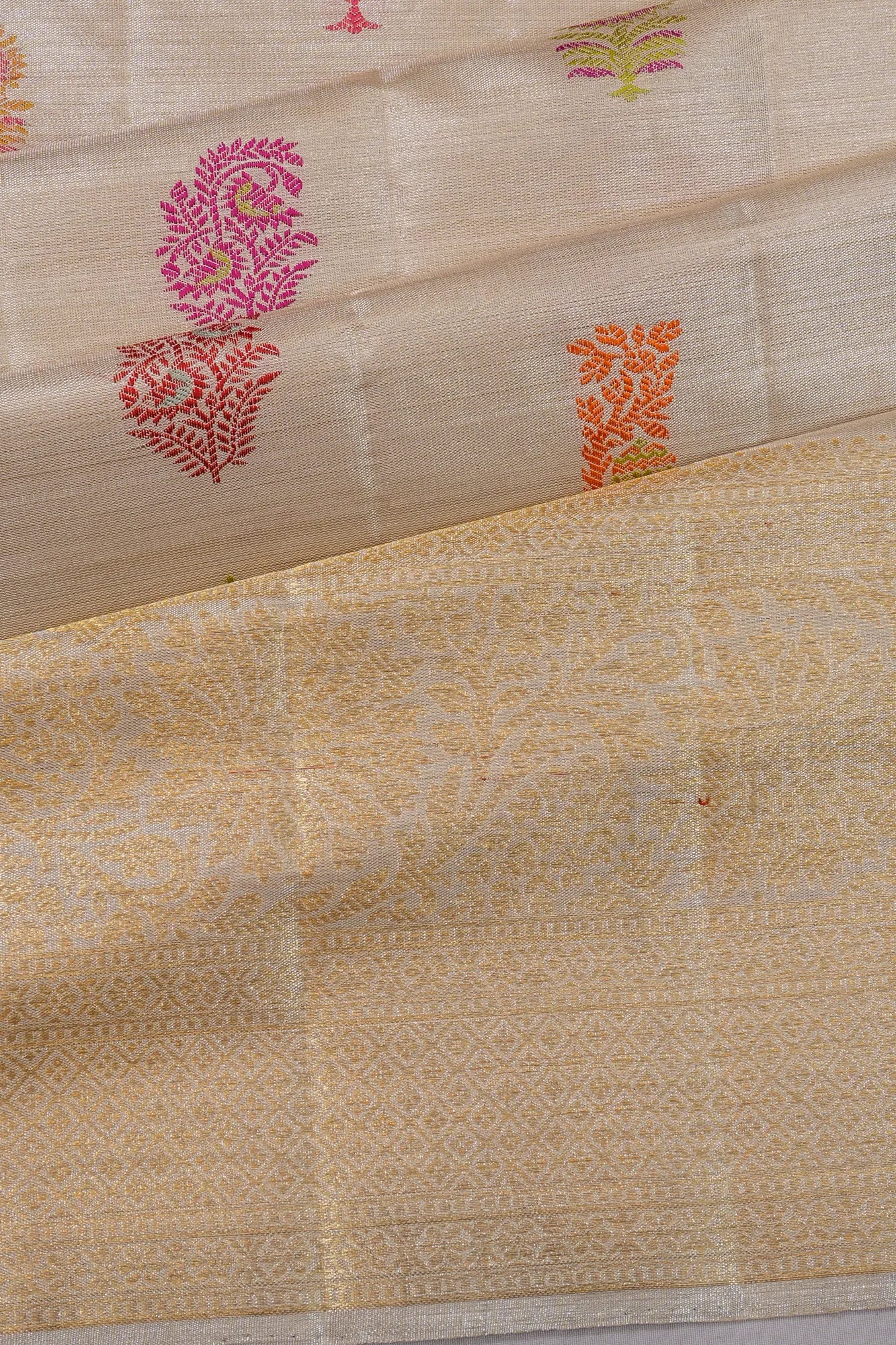 Kanchipuram Silk Meenakari Butta Cream Saree