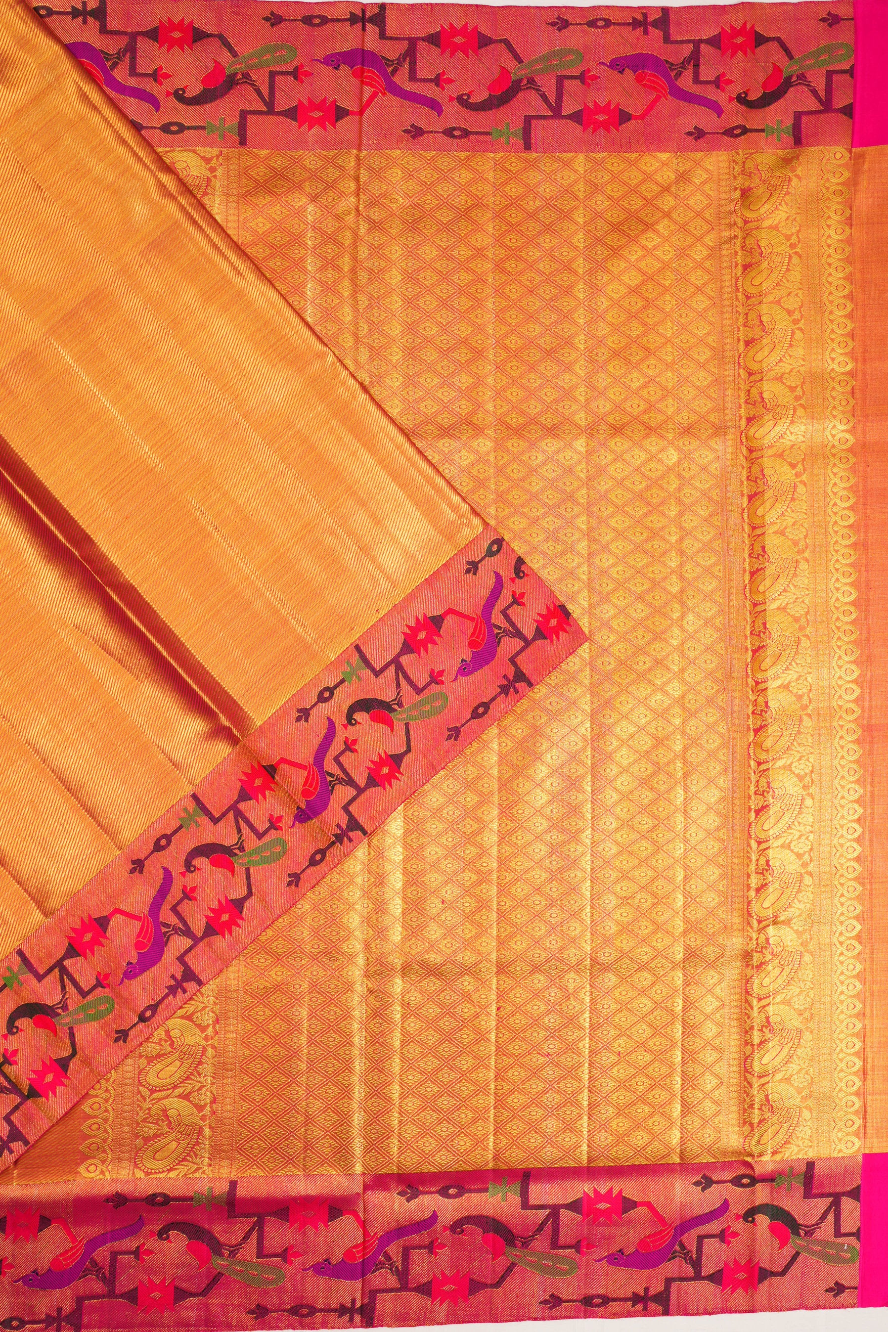 Kanchipuram Silk Tissue Diagonal Lines Gold Saree