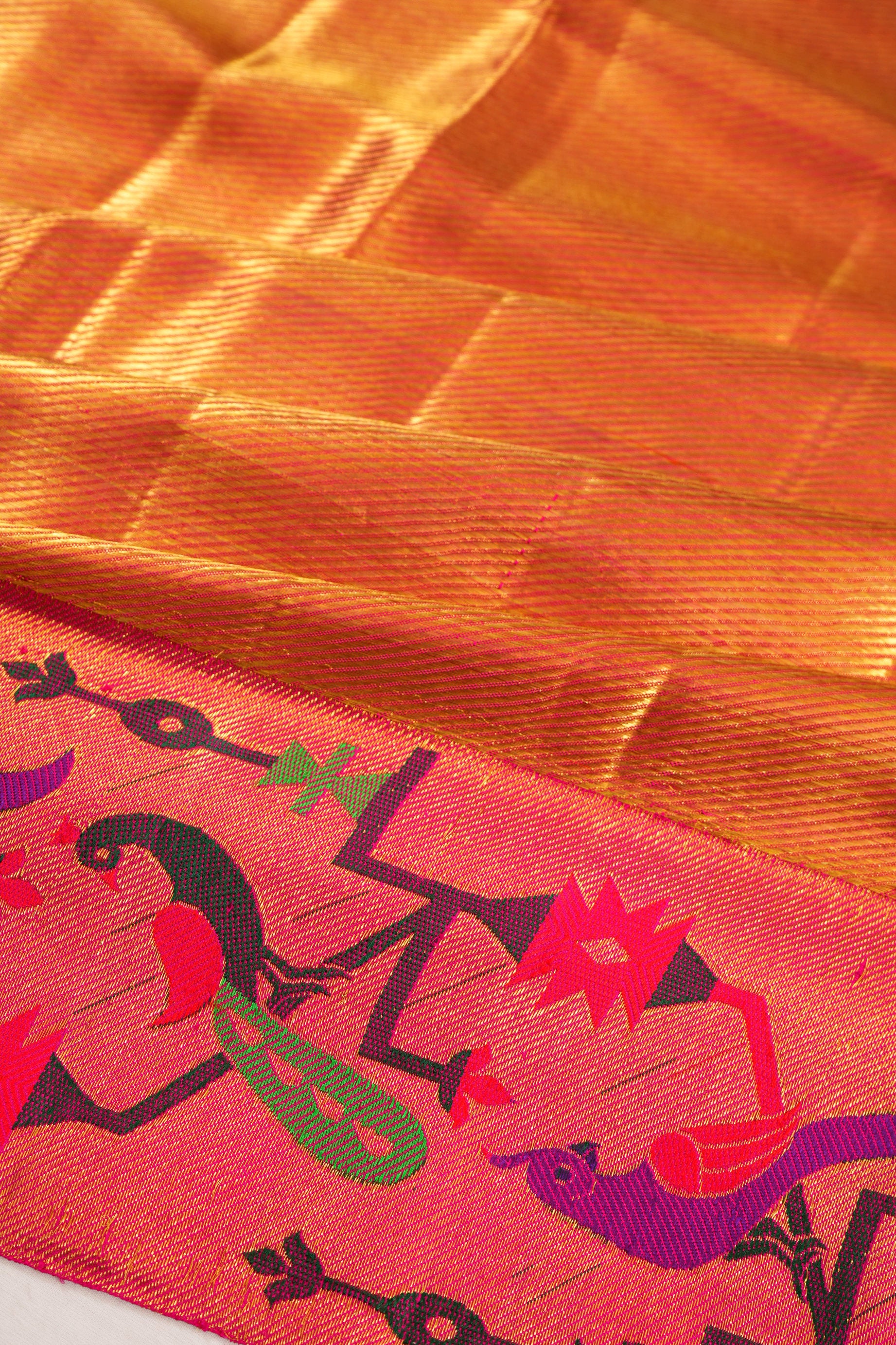 Kanchipuram Silk Tissue Diagonal Lines Gold Saree
