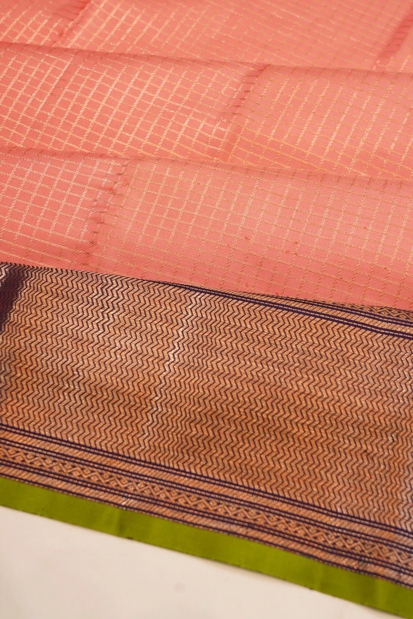 Kanchipuram Silk Checks Peach Saree