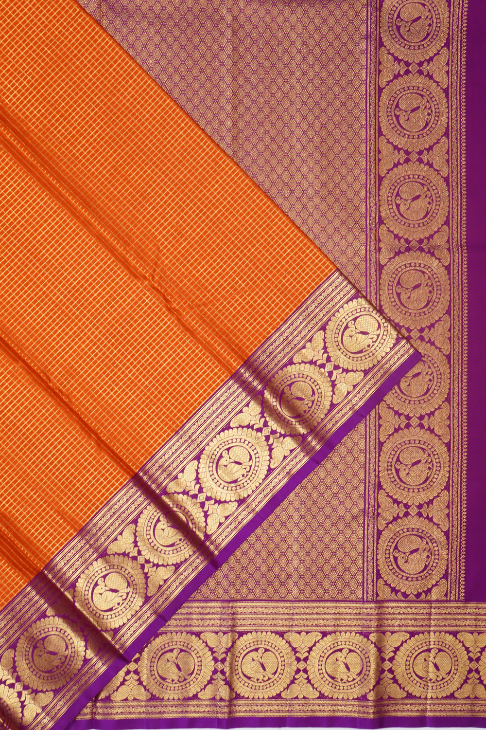 Kanchipuram Silk Kattam Checks Orange Saree