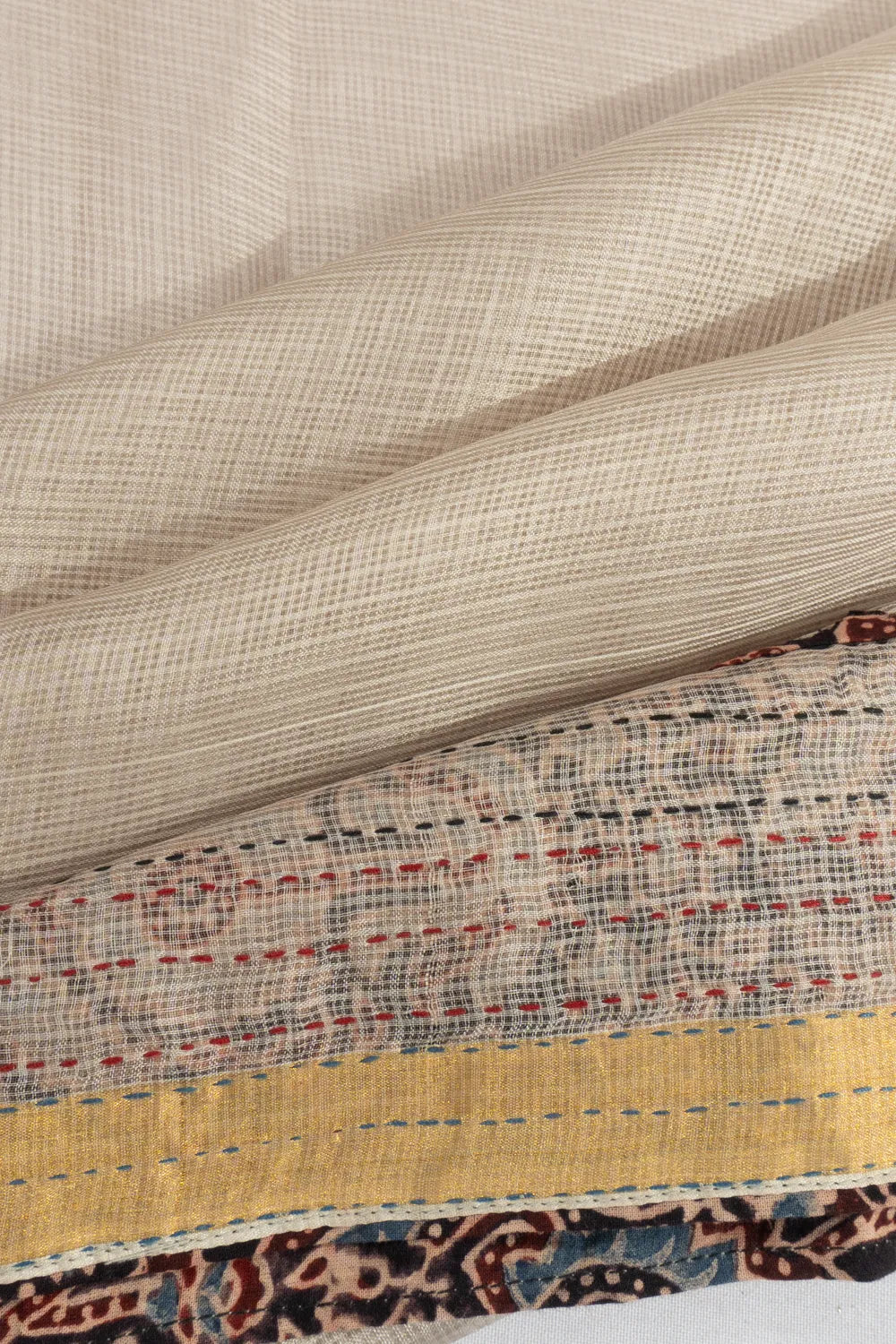 Kota Silk Plain Cream Saree With Kantha Work Border