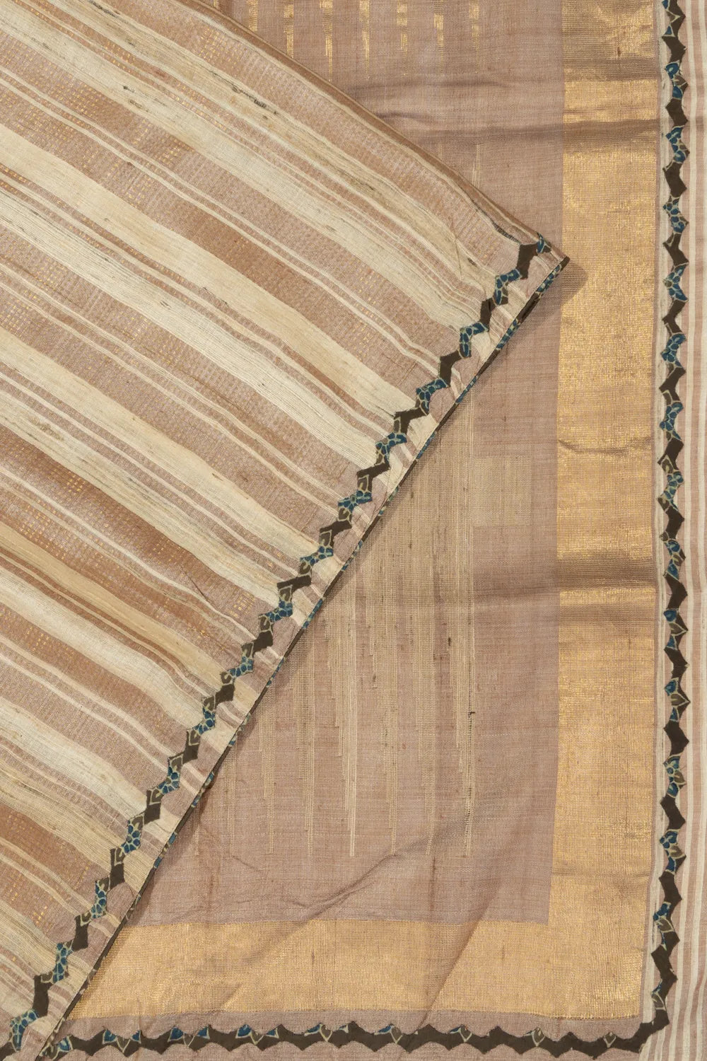 Tussar Matka Silk Vertical Lines Cream And Beige Saree With Batik Printed Patch Work