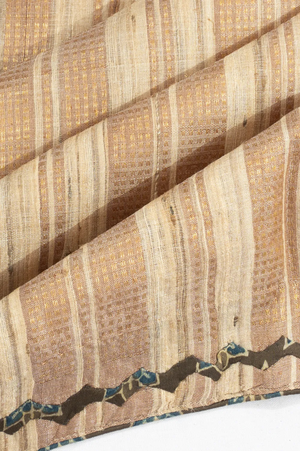 Tussar Matka Silk Vertical Lines Cream And Beige Saree With Batik Printed Patch Work
