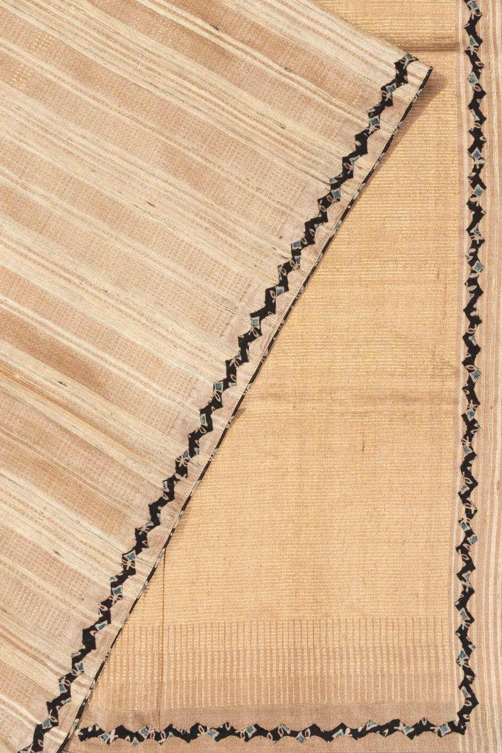 Tussar Matka Silk Vertical Lines Cream And Beige Saree With Batik Printed Patch Work