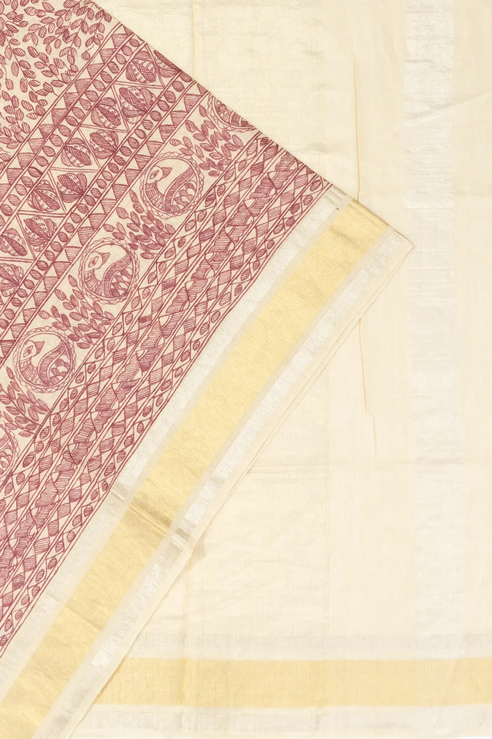 Tussar Madhubhani Hand Painted Cream Saree