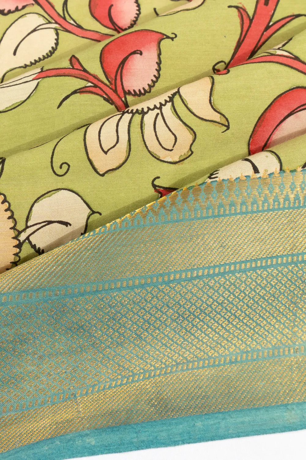 Kanchipuram X Kalamkari Silk Hand Painted Pista Green Saree