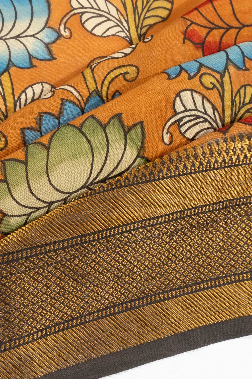 Kanchipuram X Kalamkari Silk Hand Painted Orange Saree