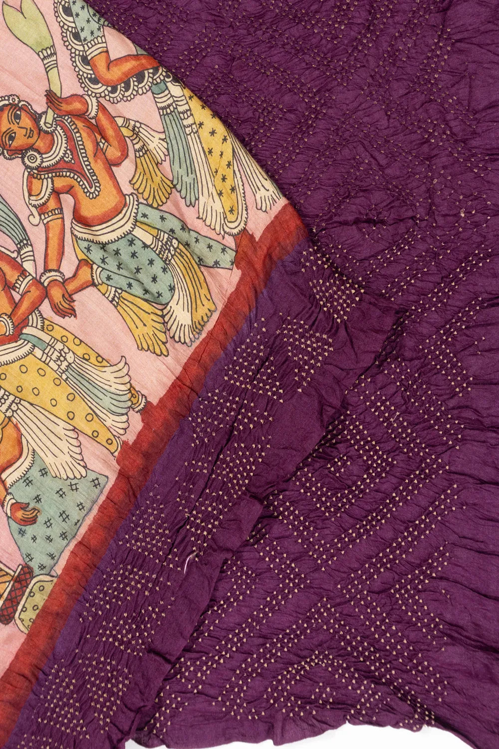 Tussar X Kalamkari Hand Painted Peach Saree With Bandhani Border And Pallu