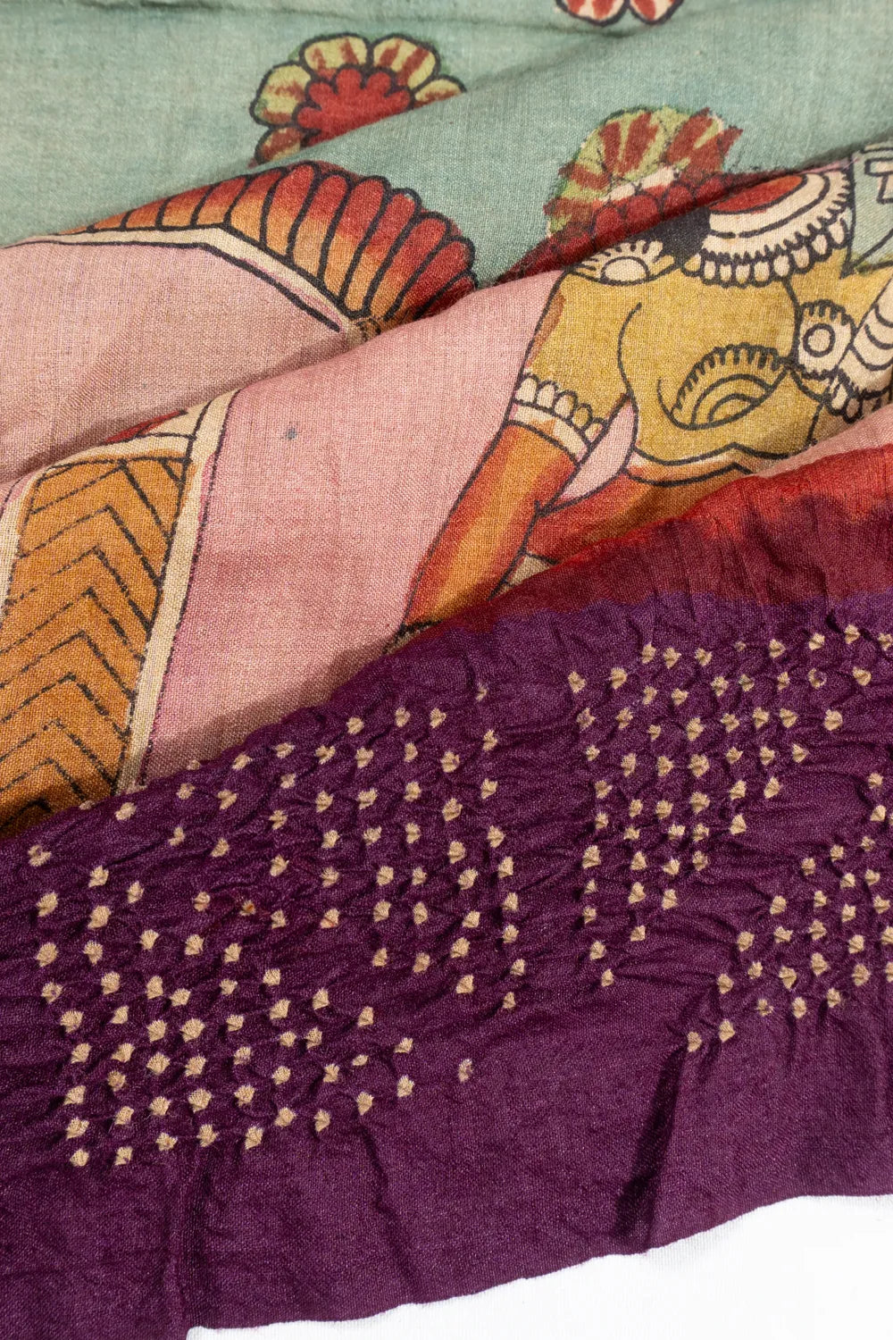Tussar X Kalamkari Hand Painted Peach Saree With Bandhani Border And Pallu