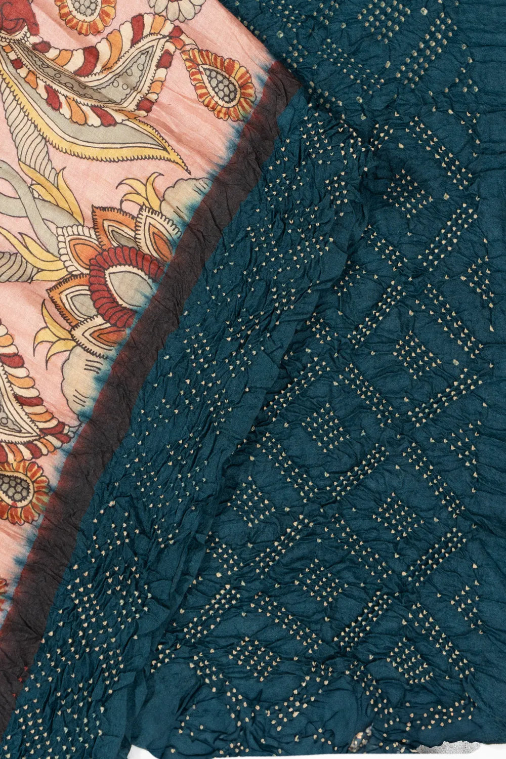 Tussar X Kalamkari Hand Painted Baby Pink Saree With Bandhani Border And Pallu