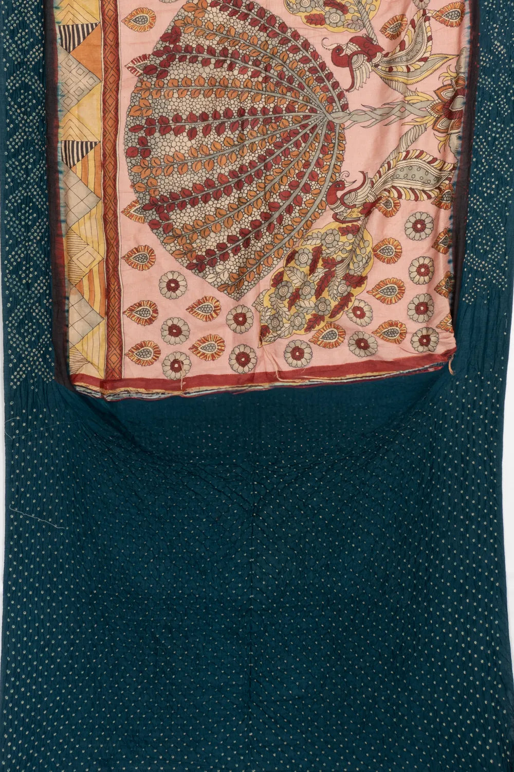 Tussar X Kalamkari Hand Painted Baby Pink Saree With Bandhani Border And Pallu