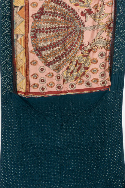 Tussar X Kalamkari Hand Painted Baby Pink Saree With Bandhani Border And Pallu